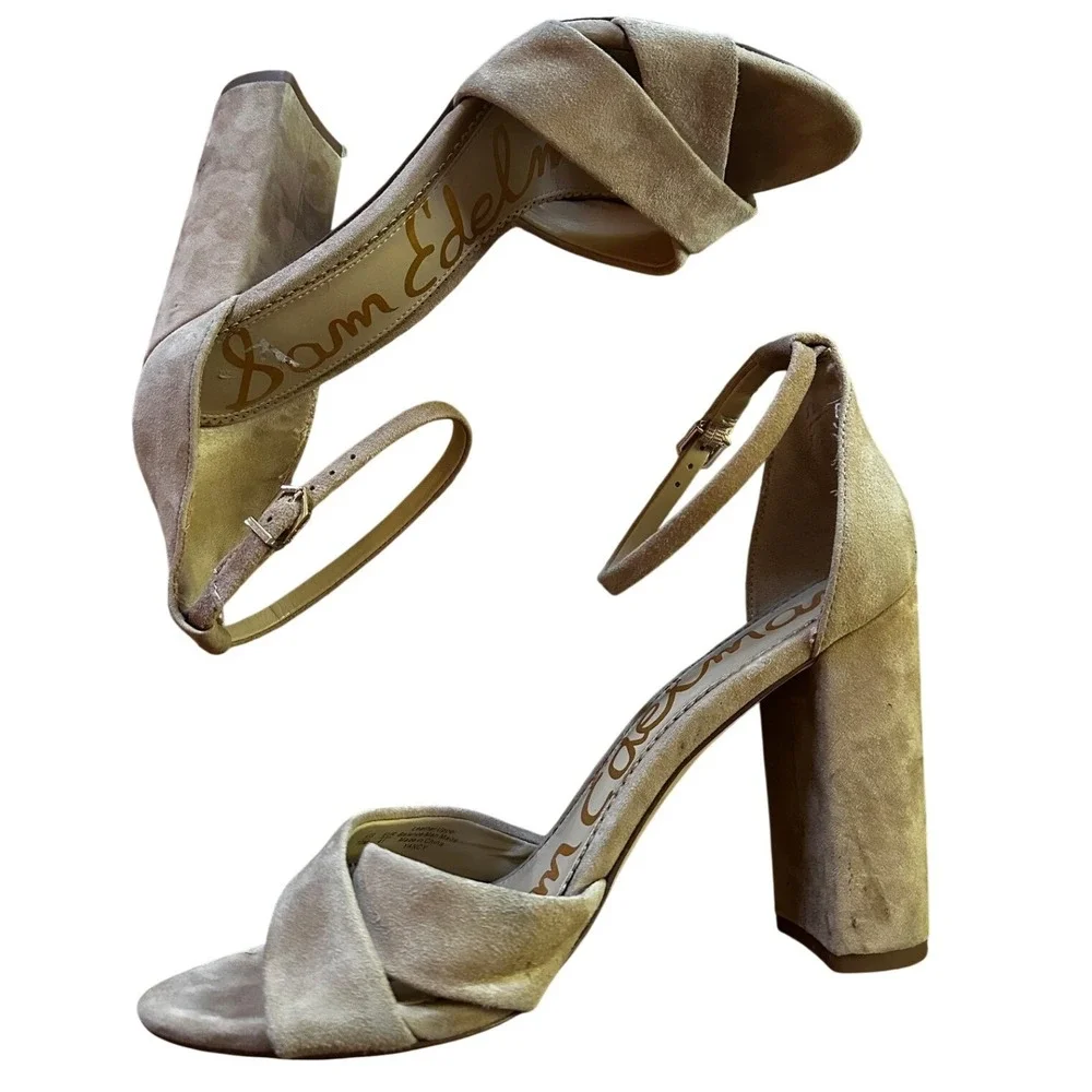 Sam Edelman Yancy‎ Tan Suede Block Heel Ankle Strap Sandals Womens Size 10